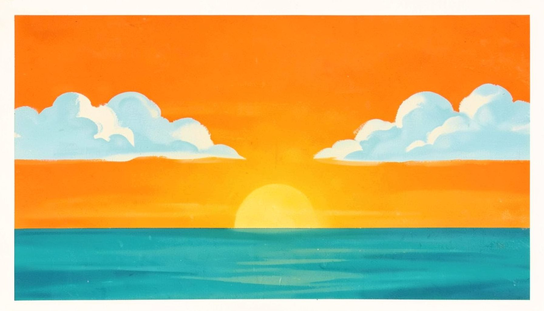 Matte gouache poster painting of a warm sunset-orange horizon above a calm teal-blue sea, with soft sky-blue clouds and a bright, airy outdoor mood